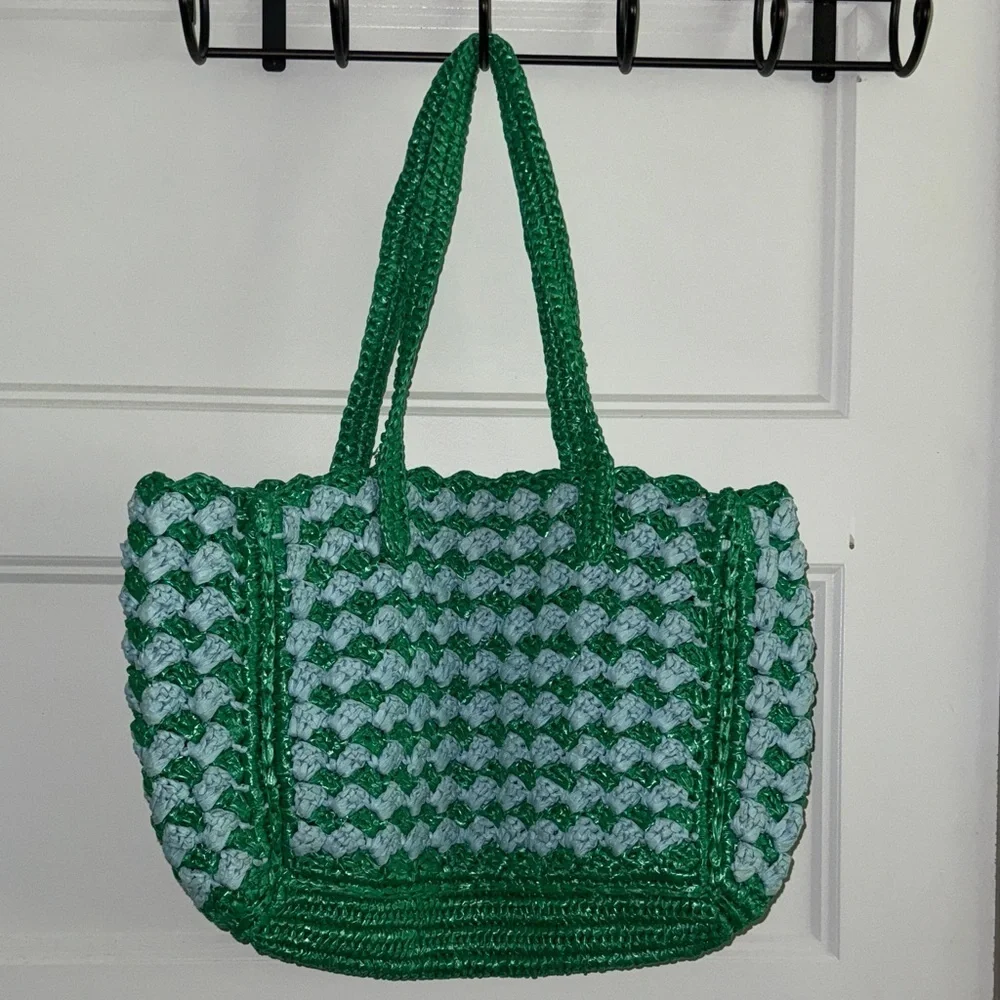 Kate Spade Green and Blue Raffia Tote